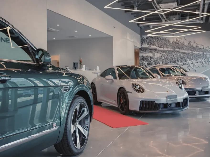 屋内ショールームに並ぶグリーンのSUVや白いポルシェなどの人気の中古車